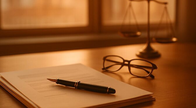 Massachusetts alimony concept: legal documents, fountain pen, reading glasses, and brass balance scales on an attorney's desk in warm light