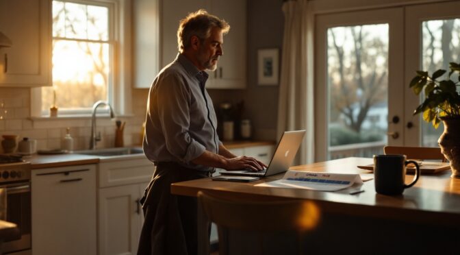 A parent in business-casual clothing reviewing a school-year calendar at a kitchen island in the evening