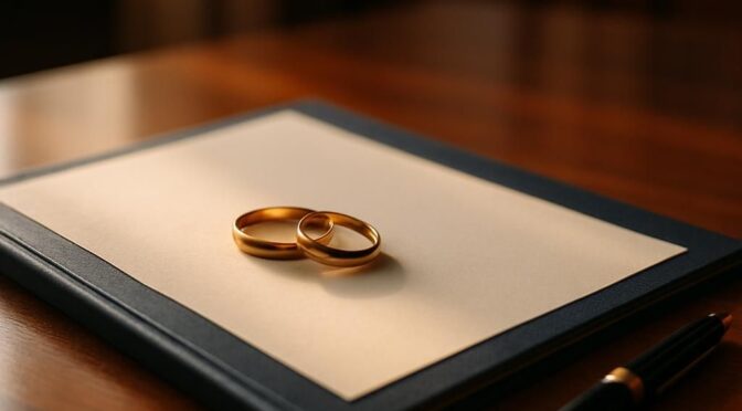 Two wedding rings resting on a closed legal document folder, representing a Massachusetts prenuptial agreement