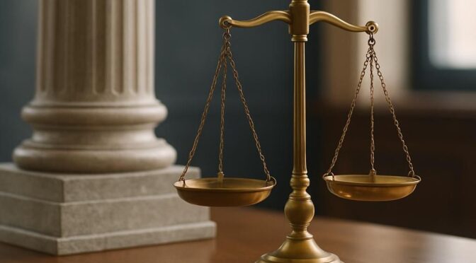 Brass scales of justice beside a classical courthouse column, representing Massachusetts legal protection orders